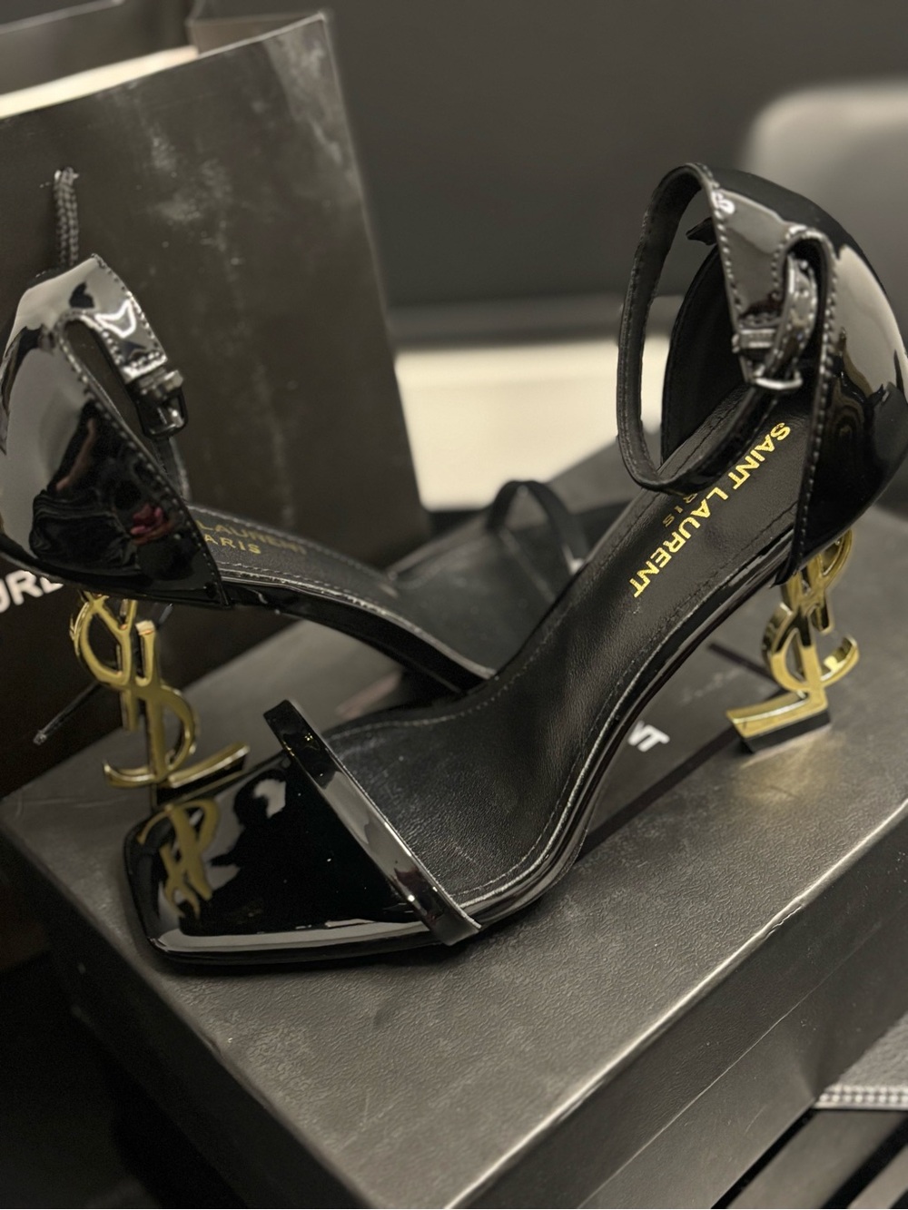 Saint Laurent Black Patent Heels with Gold YSL Sculpted Heel